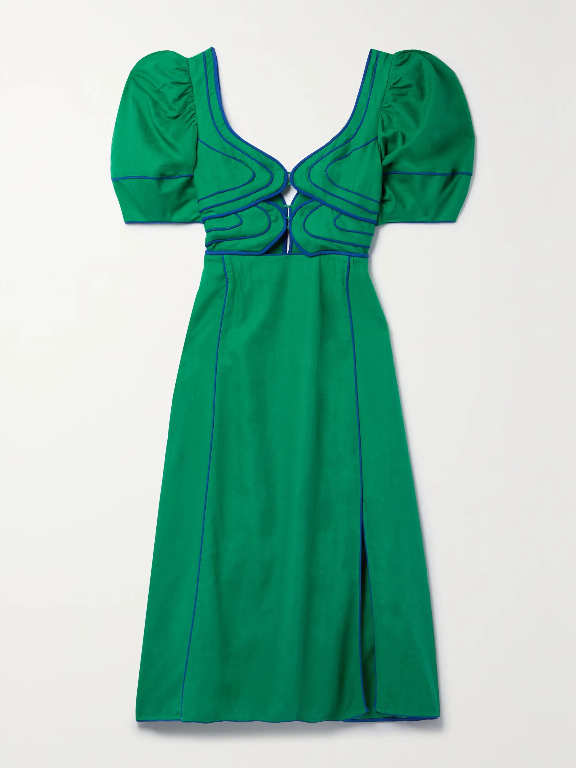 Piped cutout linen-blend midi dress | NET-A-PORTER (US)