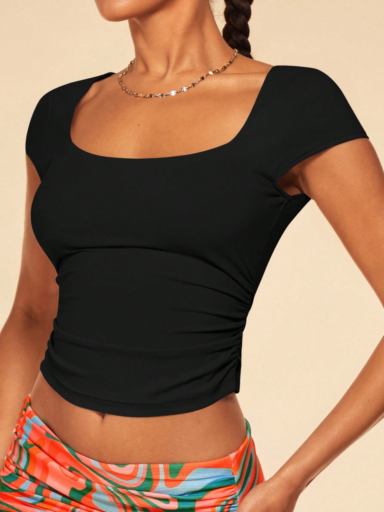 SHEIN BAE Square Neck Ruched Side Crop Tee | SHEIN USA | SHEIN