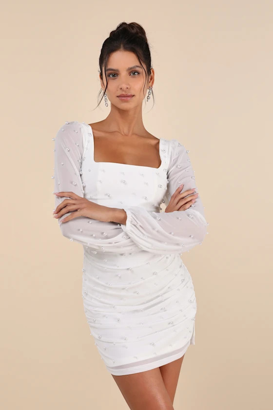 Admirably Divine White Mesh Pearl Long Sleeve Mini Dress | Lulus