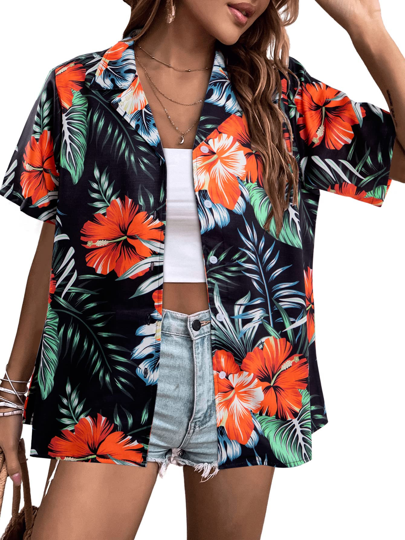 VILOVE Womens Summer Hawaiian Shirts Tropical Floral Print Shirt Button Down V Neck Short Sleeve ... | Walmart (US)