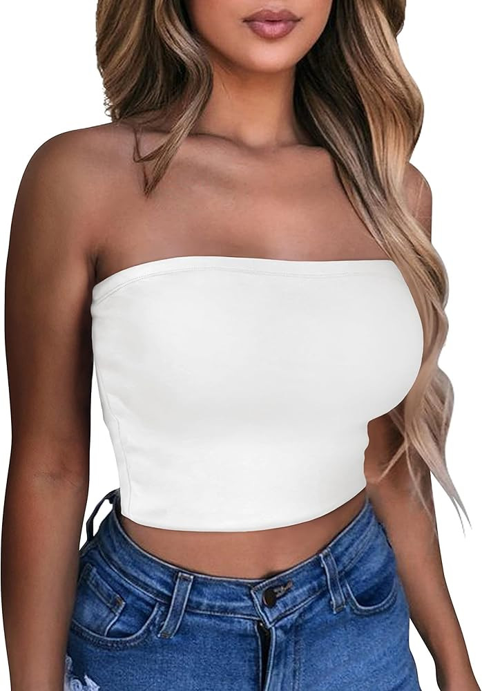 CHICALLURE Women Tube Tops Basic Bandeau Crop Top Strapless Summer Sleeveless Slim Fit Shirts | Amazon (CA)