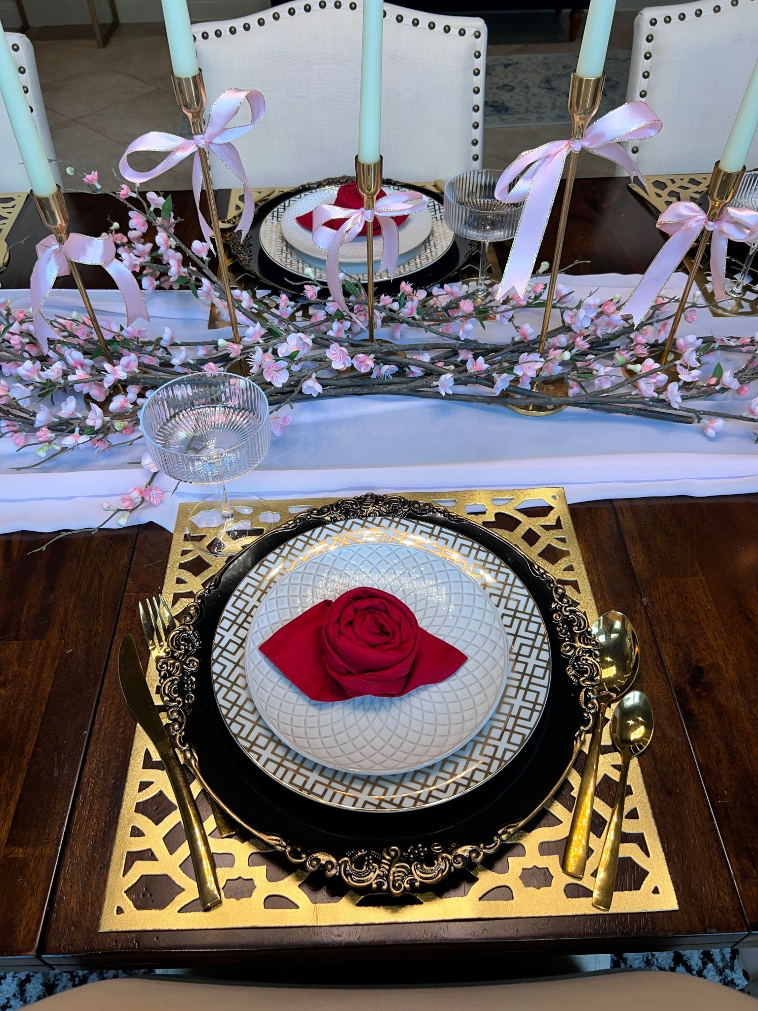 Valentine's Day table setting. I love these napkins and faux stems. 

#LTKdayinmylife #LTKSeasonal #LTKHome