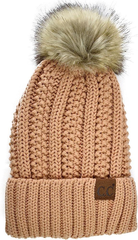 C.C Thick Cable Knit Faux Fuzzy Fur Pom Fleece Lined Skull Cap Cuff Beanie | Amazon (US)