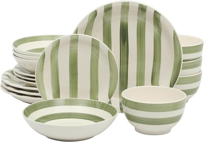Gibson Home Kenwood Shores 16 Piece Dinnerware Set, Green Striped, Hand-Painted Stoneware, Plates... | Amazon (US)