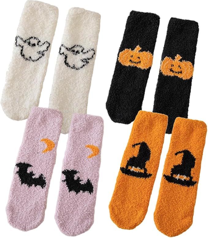 Pingyongchang Christmas Halloween Socks Fuzzy Funny Pumpkin Bat Horror Movie Socks for Women-A | Amazon (US)