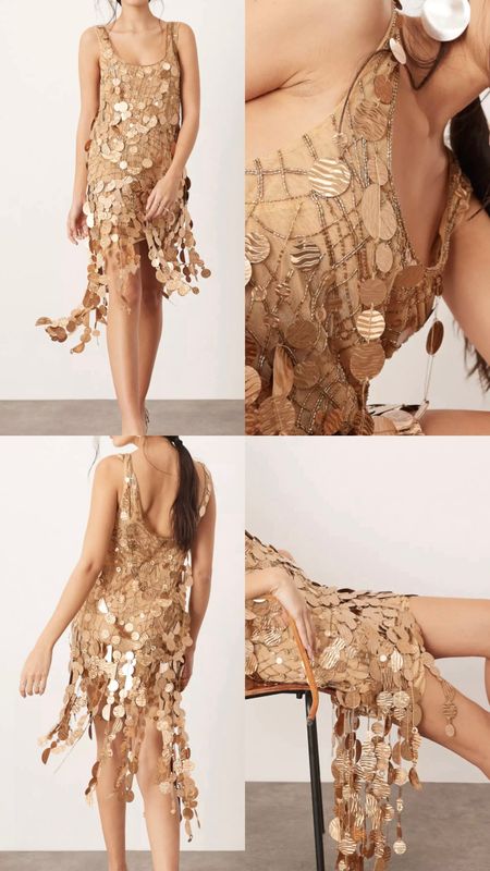 Bronze sequin dress. Sheer lattice sequin asymmetric mini dress with fringe hem in bronze. Pendant dress.  Summer, spring, date night out, special occasion outfit . 
Under £200. Special event.  Wardrobe staple. Timeless. Gift guide idea for her. Luxury, elegant, festival, chic look, feminine fashion, trendy look. Asos outfit idea.


#LTKpartywear #LTKfestival #LTKstyletip