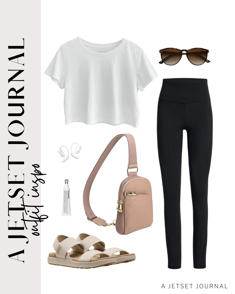 A basic short-sleeve crewneck tee from Loving People and high-waisted leggings are the main pieces for our first outfit. KEEN’s wedge sandals and classic round polarized sunnies complete this comfy chic combination.

#LTKSeasonal #LTKSaleAlert #LTKTravel 

 