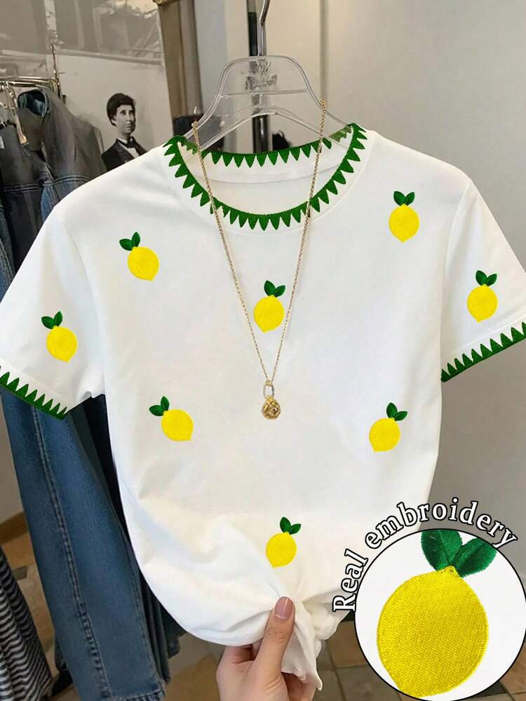 Women's Fruit Embroidery Floral Trim Round Neck Short Sleeve Casual T-Shirt | SHEIN
