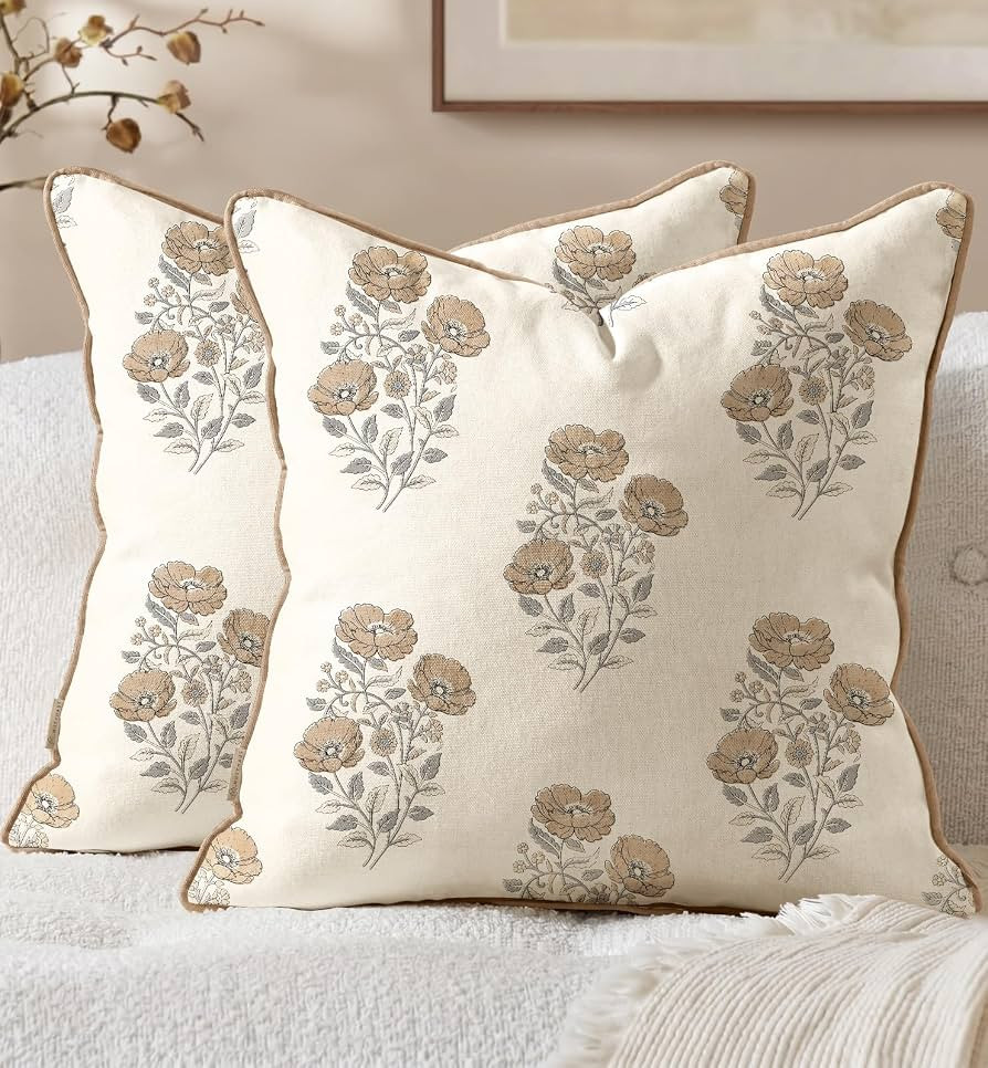 Vintage Floral Block Print Throw Pillow Covers 18x18 Inch - Set of 2 Farmhouse Decorative Cushion... | Amazon (US)