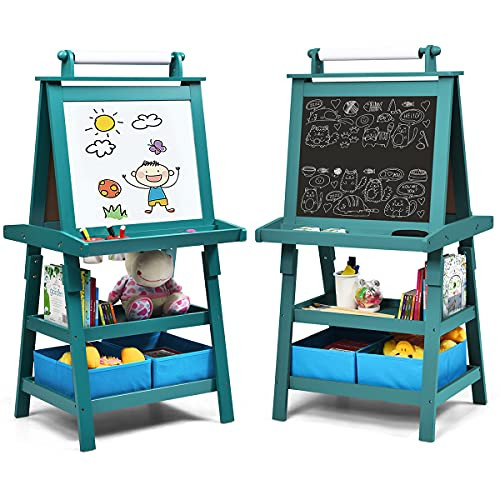 Costzon Kids Art Easel, 3 in 1 Double-Sided Wooden Easel w/Magnetic Whiteboard, Chalkboard & Paper Roll, 2-Tier Rack w/ 2 Storage Boxes, Standing Easel for Kids, Toddlers, Boys, Girls (Blue) | Amazon (US)