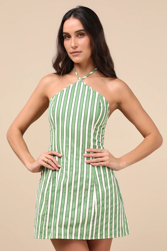 Madelia Green Striped Halter Mini Dress | Lulus