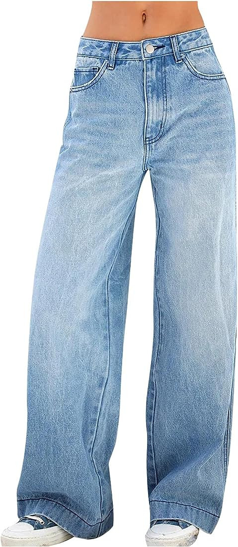 2021 Women's High Waist Baggy Jeans Wide Leg Denim Jeans Flap Pocket Side Jeans Straight Casual T... | Amazon (US)