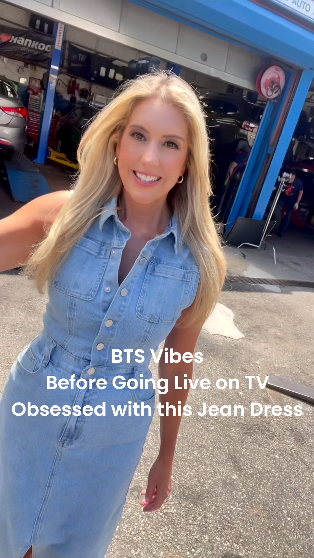 BTS vibes before going live on TV with my co-star and friend. I’m obsessed with this jean dress! It makes me feel polished and confident without trying. Plus, it’s absolutely perfect for this on-camera interview about a variety of car care topics. I also got tons of compliments on this dress when we went out to dinner in NYC right after the shoot to celebrate our success. Day to night, no effort. I love that! 

#LTKGiftGuide #LTKdayinmylife #LTKootd