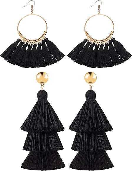 2 Pairs Tassel Earrings for Women Girls Handmade 3 Tiered Tassel Dangle Earrings and Gold Hoop Ea... | Amazon (US)