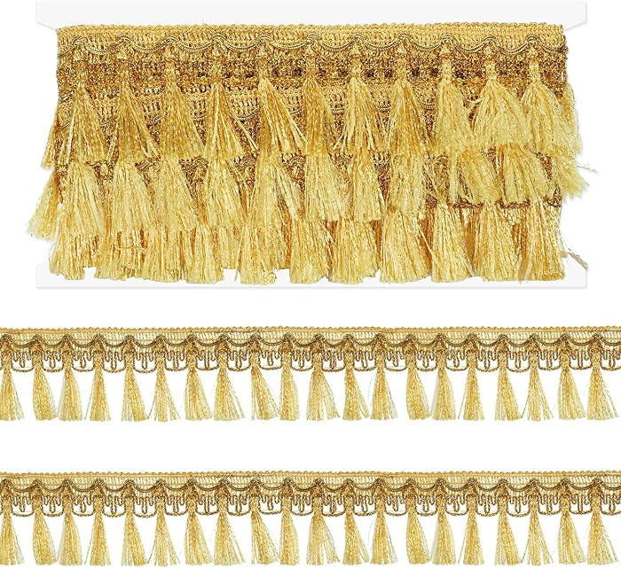 6 Yards Gold Fringe Trim, 2.17\u201d Wide Polyester Gold Tassel for Sewing Curtain Embellishments... | Amazon (US)