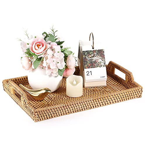 Hipiwe Rattan Serving Tray with Handles - Hand-Woven Decorative Tray for Storage Breakfast, Drinks, Snack,Rectangular Basket Organizer Tray for Coffee Table, Home Decor (Medium) | Amazon (US)
