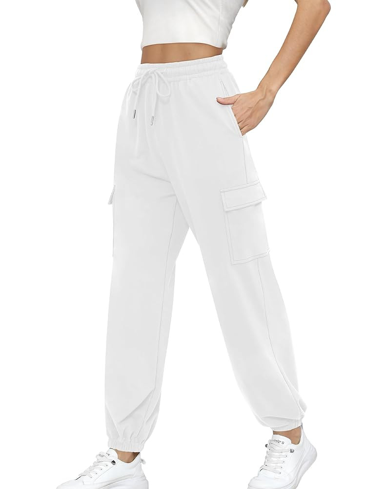 Missufe Women's Joggers Sweatpants Elastic High Waist Drawstring Cinch Bottom Casual Pants with P... | Amazon (US)