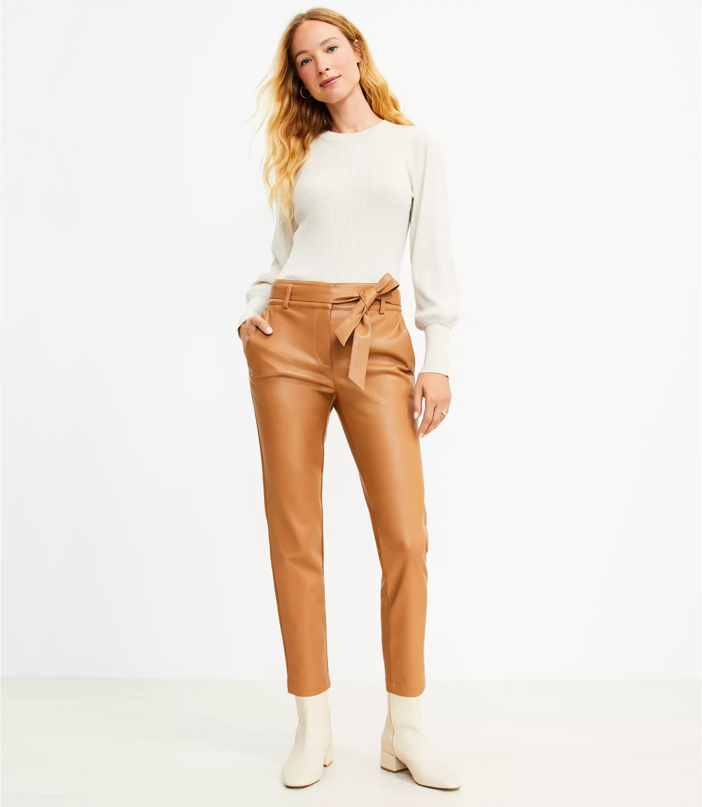Tie Waist Slim Pants in Faux Leather | LOFT