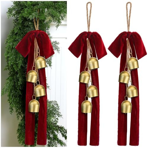 Moxweyeni 2 Sets Christmas Cow Bells with Velvet Bow 18.5 Inch Vintage Bells with Jute Hanging Rope Rustic Gold Ornaments for Wreath Teardrop Swags Wall Door Decoration(Cylindrical) | Amazon (US)