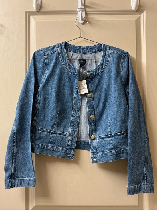 J. Crew Medium Blue Collarless Denim Jacket with Gold Buttons | Poshmark