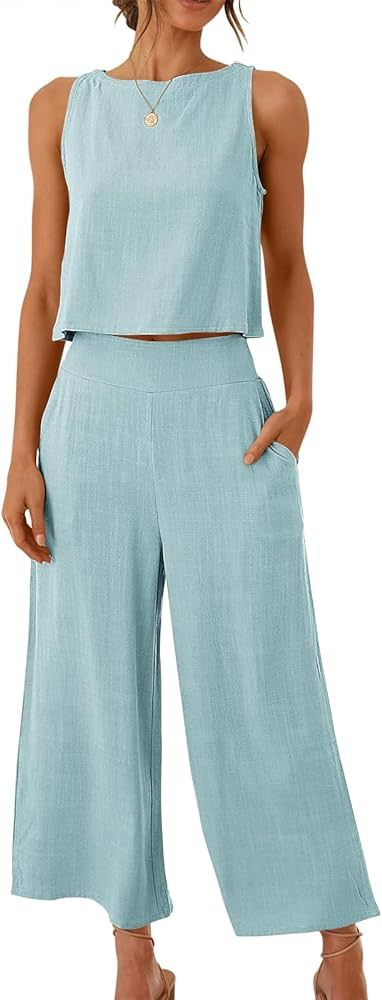 ANRABESS Women's Summer 2 Piece Outfits Sleeveless Tank Crop Button Back Top Capri Wide Leg Pants... | Amazon (US)