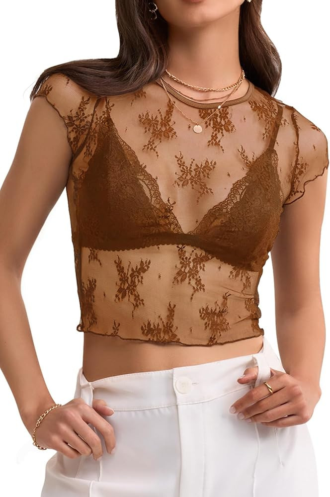 MEROKEETY 2024 Women's Sheer Mesh Short Sleeve Crop Top Crewneck Summer Sexy Lace Y2K See Through... | Amazon (US)