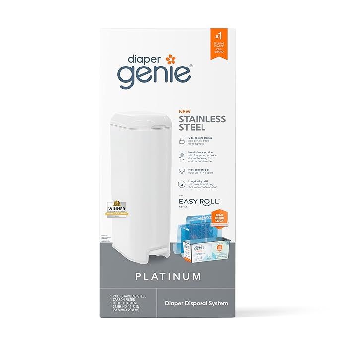 Diaper Genie Platinum Pail (Lilly White) is Made of Durable Stainless Steel and Includes 1 Easy R... | Amazon (US)