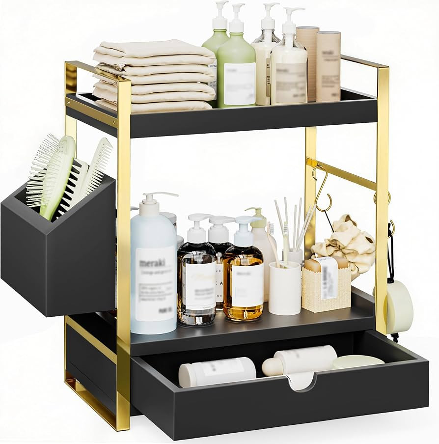 2-Tier Bathroom Counter Organizer with Drawer and Basket, Wood Countertop Organizer for Storage, ... | Amazon (US)