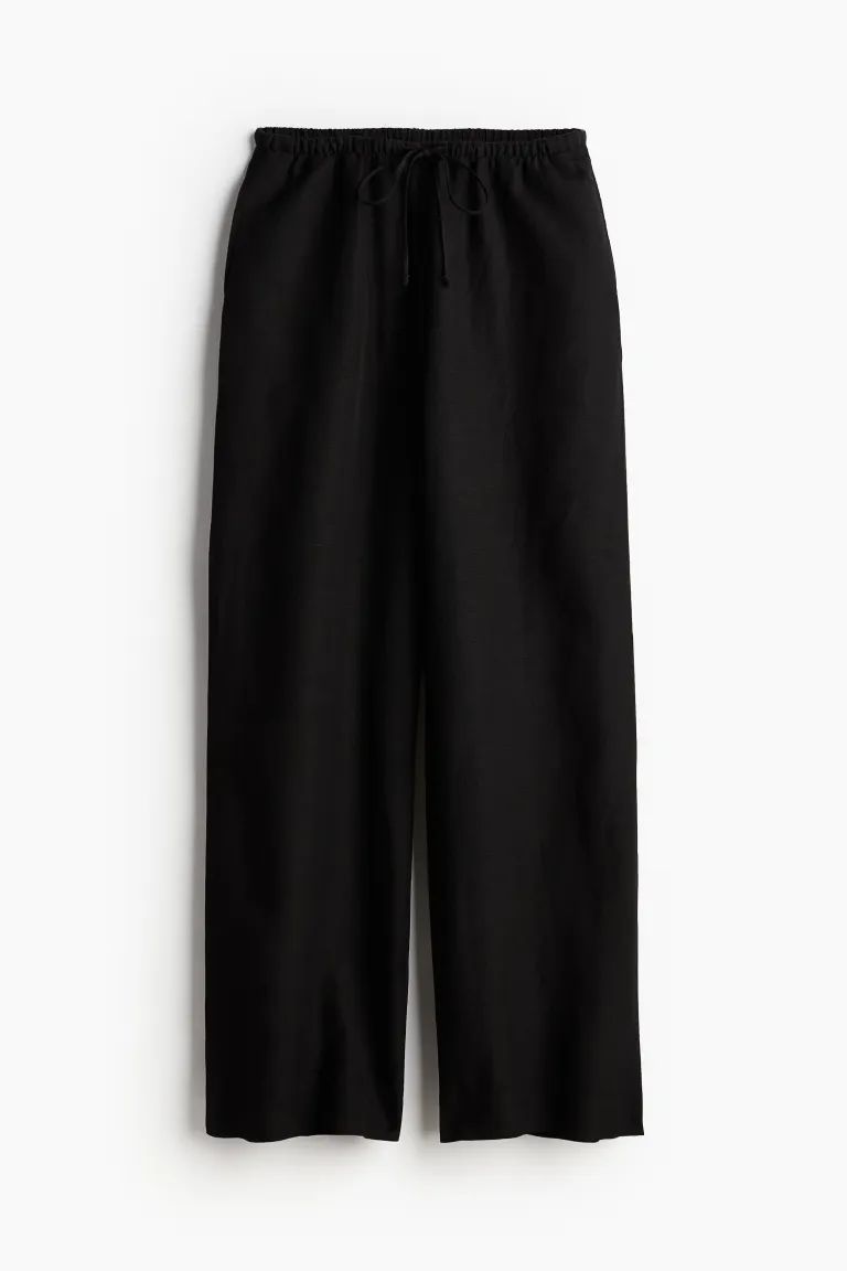 Linen-blend trousers - Regular waist - Long - Blue - Ladies | H&M GB | H&M (UK, MY, IN, SG, PH, TW, HK)