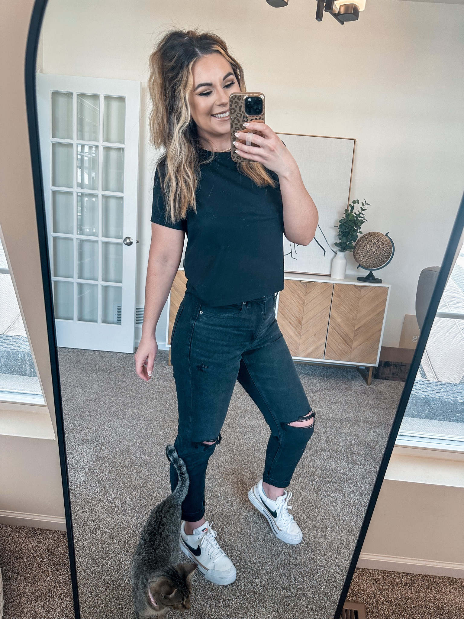 Blink 182 concert ready! Black cuts tee, American Eagle stretch ripped mom jeans, Nikes 

#LTKstyletip #LTKshoecrush #LTKFind