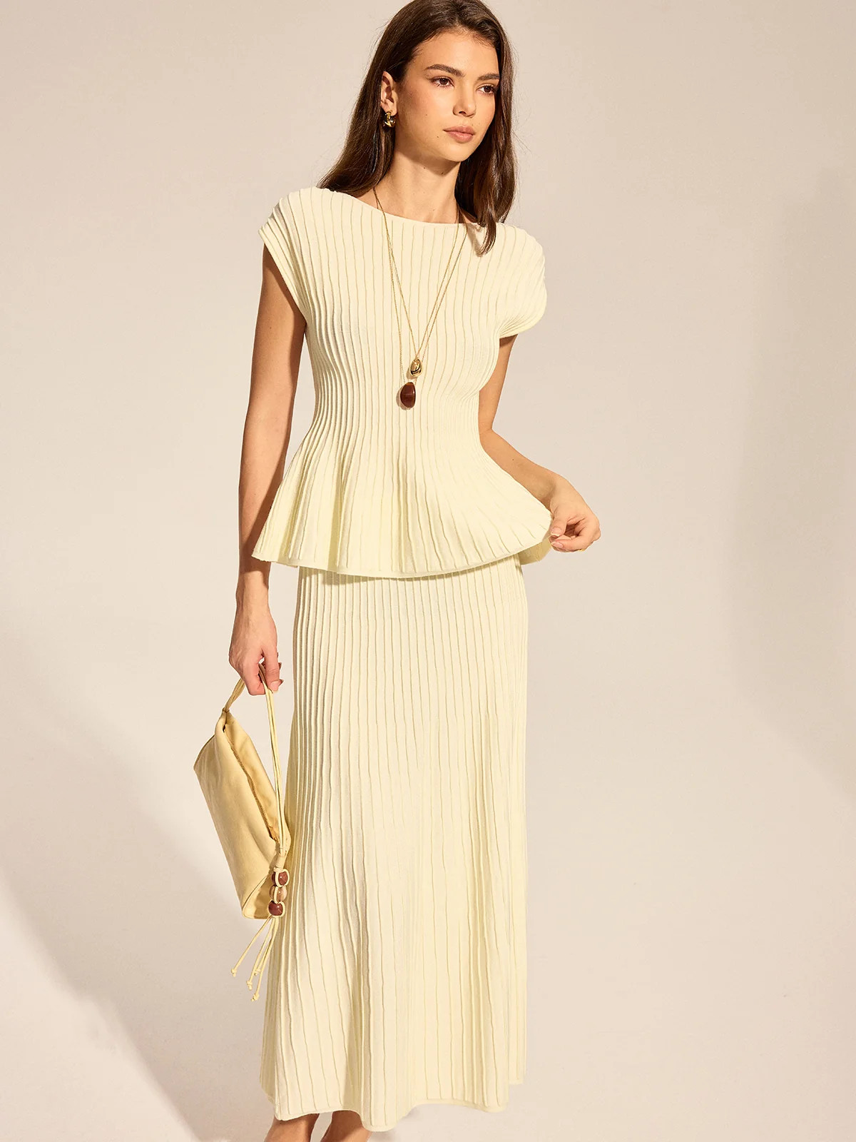 Rib Peplum Cap Sleeve Knit Two Piece Set | Commense