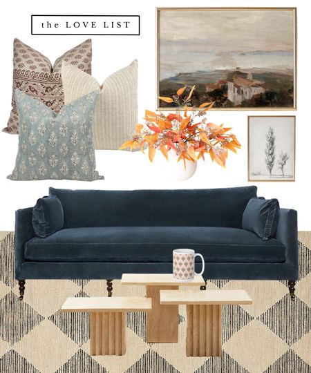 Create a cozy fall living room with designer linen pillows, a velvet sofa, diamond pattern contemporary rug, travertine coffee tables, downloadable landscape art, faux fall leaf floral arrangement and block print floral mug.

#LTKhome #LTKSeasonal