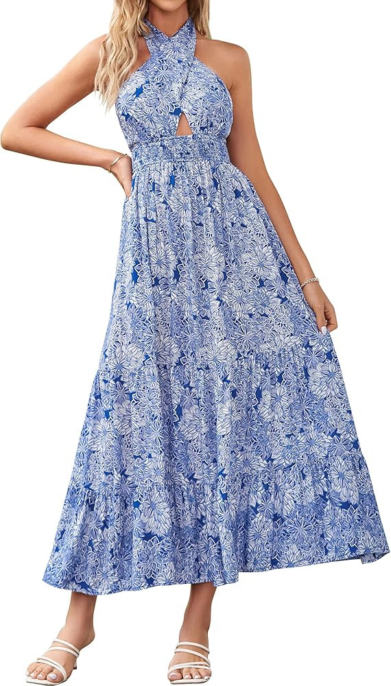 Women's Summer Crossover Halter Neck Sleeveless Plaid Cut Out Backless Flowy A Line Maxi Dress | Amazon (US)