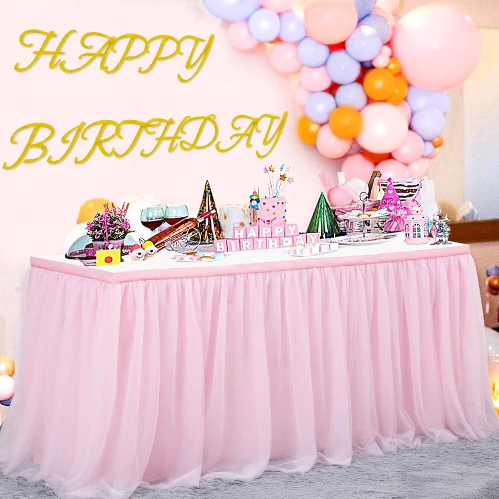 108in Baby Pink Tulle Table Skirts for Rectangle Tables 6ft 8ft 4ft, 2-Layer 9 ft Long Gold Grim ... | Amazon (US)