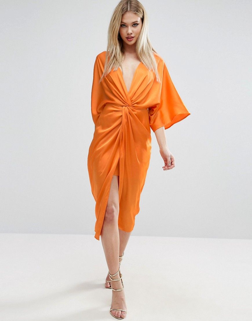 ASOS Kimono Twist Front Midi Dress - Tang orange | ASOS UK