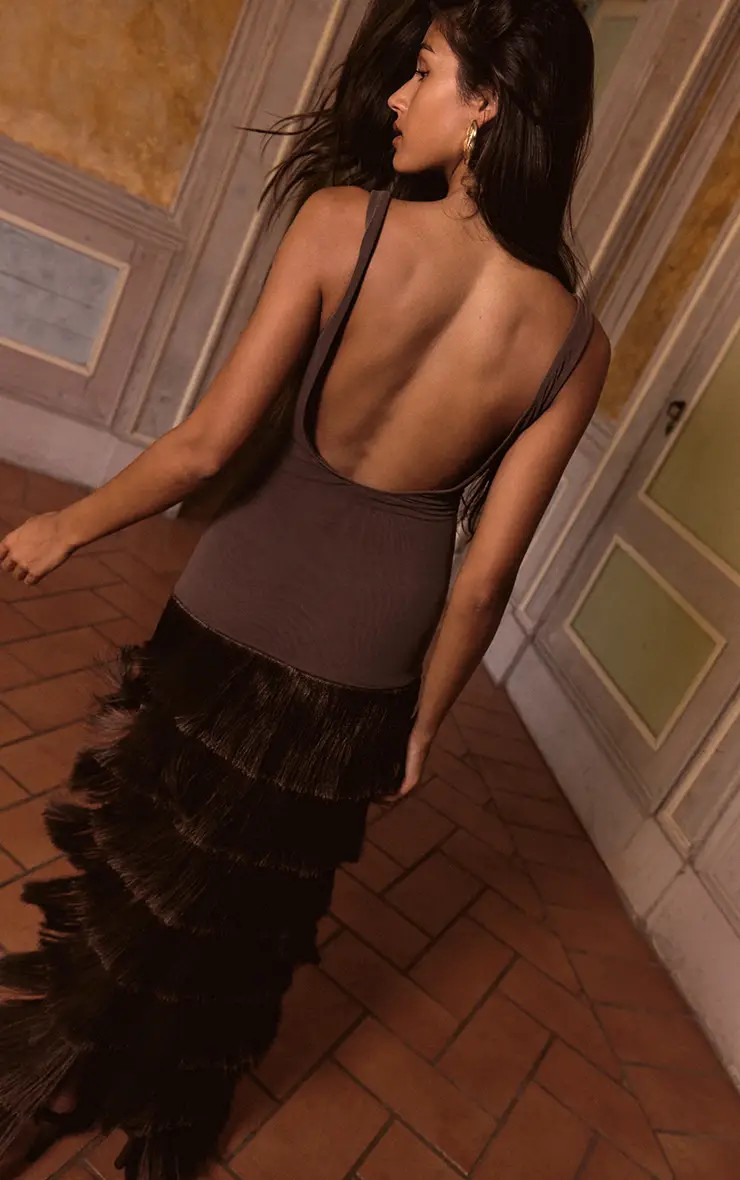 PLT Label Dark Chocolate Mesh Fringe Skirt Maxi Dress | PrettyLittleThing US