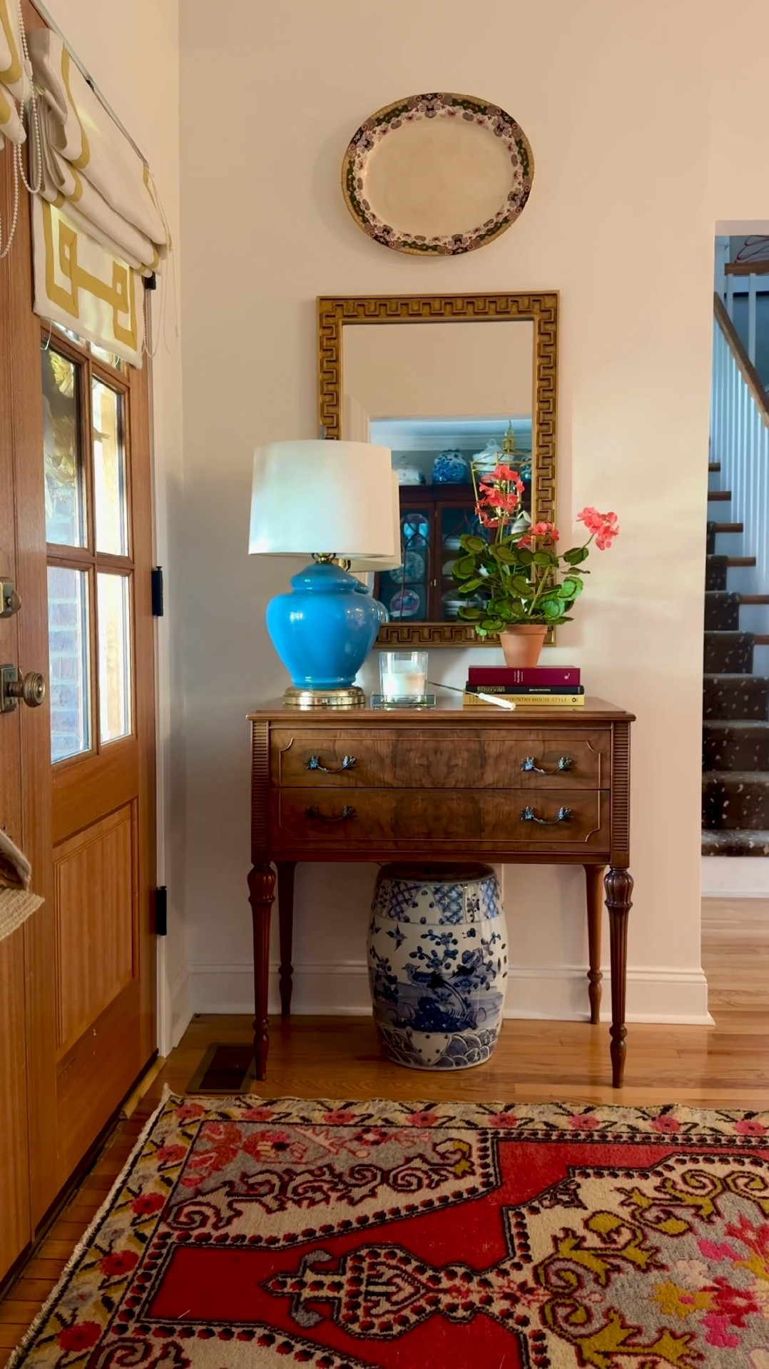 Entryway Vignette 
Greek Key Mirror 
Chinoiserie garden stool, use code SARA20 for 20% off 

#LTKHome #LTKSaleAlert