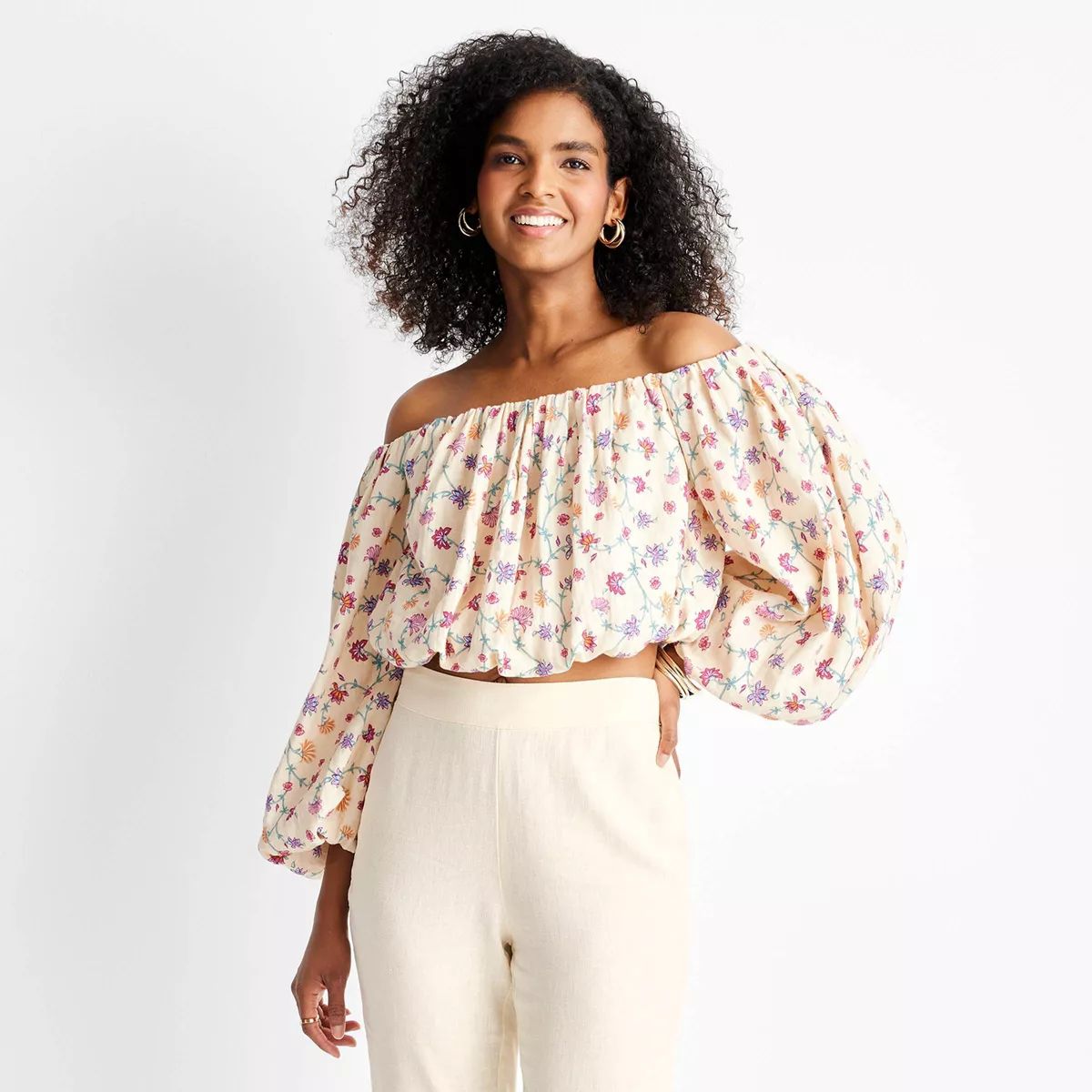 Women's Floral Print Balloon Off the Shoulder Crop Top - Future Collective™ with Jenny K. Lopez... | Target