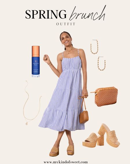 Spring Brunch Outfit Idea // this blue striped dress is ideal for a Mother's day brunch! Gold accessories and a block heel completes the look. 

#LTKSeasonal #LTKstyletip #LTKshoecrush
