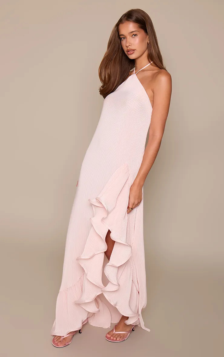 Baby Pink Satin Plisse Frill Detail Maxi Dress | PrettyLittleThing UK