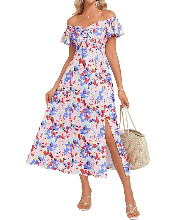 GRACE KARIN Women Summer Floral Dress Flutter Short Sleeve Casual Split Flowy Vacation Beach Midi... | Amazon (US)