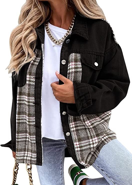 BTFBM 2023 Women's Button Down Denim Jackets Long Sleeve Lapel Casual Fall Shirts Shackets Plaid ... | Amazon (US)