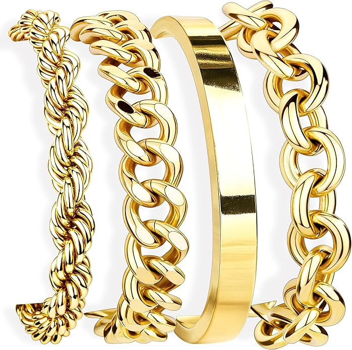 Gokeey Chunky Gold Bracelets Stack for Women Non Tarnish, Waterproof 14K Gold Plated Bangle Cuff ... | Amazon (US)