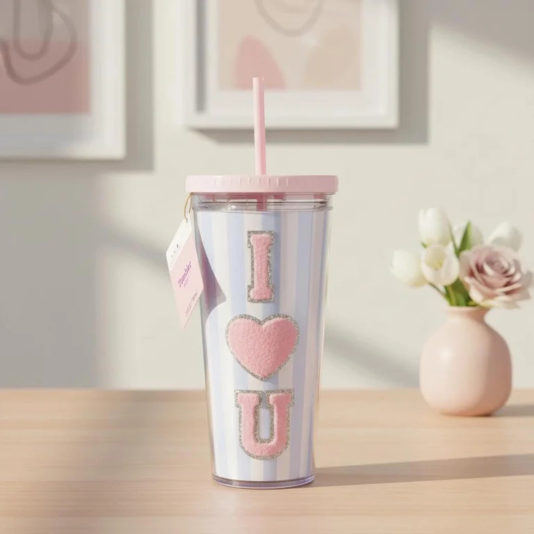 I Heart U Patch Tumbler with Straw, Pink, 24 oz, Mother's Day by Way To Celebrate - Walmart.com | Walmart (US)