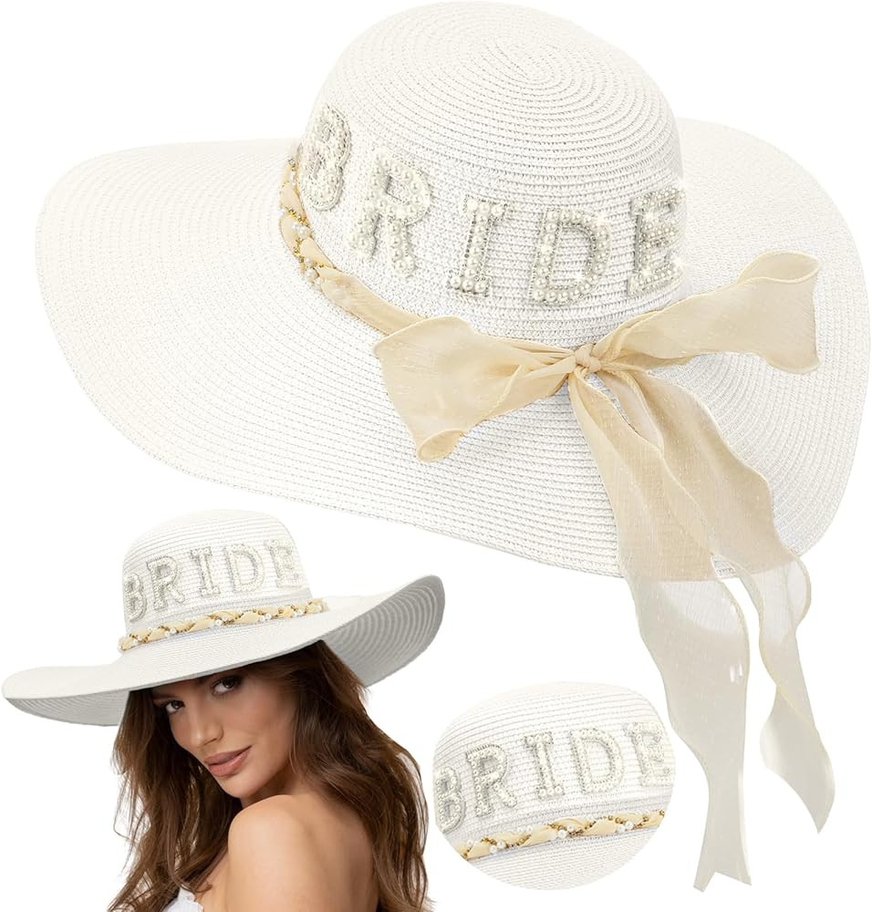 Cozypower Bride Sun Hat Wide Brim Straw Floppy Bride Beach Hat for Women Bridal Honeymoon Wedding... | Amazon (US)