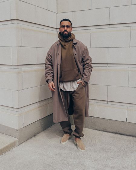 ESSENTIALS Long Coat in ‘Wood’ (size M) and Sweatpants in ‘Wood’ (size M). FEAR OF GOD Vintage Hoodie in ‘Vintage Mocha’ (size M), American Allstars Henley T-Shirt in ‘Vintage White’ (size M), and The Loafer in ‘Daino’ (size 41). FEAR OF GOD   BARTON PERREIRA Glasses in ‘Matte Khaki’. A relaxed and elevated brown toned men’s look that is perfect for Spring layering. Highly recommend the long coat as a transitional piece that is minimalist and versatile to pair with a hoodie or a suit for office wear. 

#LTKstyletip #LTKmens