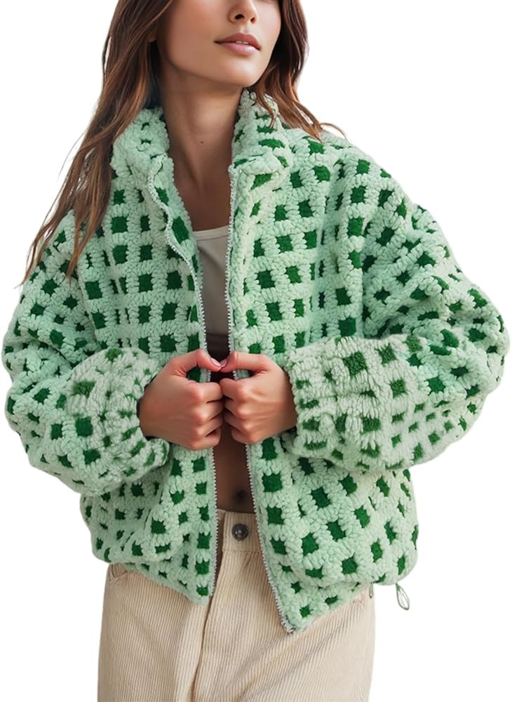 Lianlive Women Winter Sherpa Fleece Jacket Long Sleeve Zip Up Checkered Fuzzy Cropped Coats Warm ... | Amazon (US)