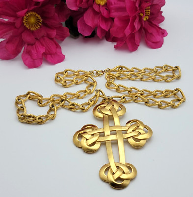 Vintage Trifari Large Orante Cross Pendant Necklace Chunky Chain Gold Tone 27" | eBay | eBay US