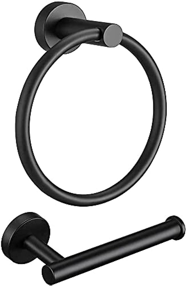 Towel Ring and Toilet Paper Holder, 2 Pcs Stainless Steel Black Bathroom Hardware Bathroom Hand T... | Amazon (US)