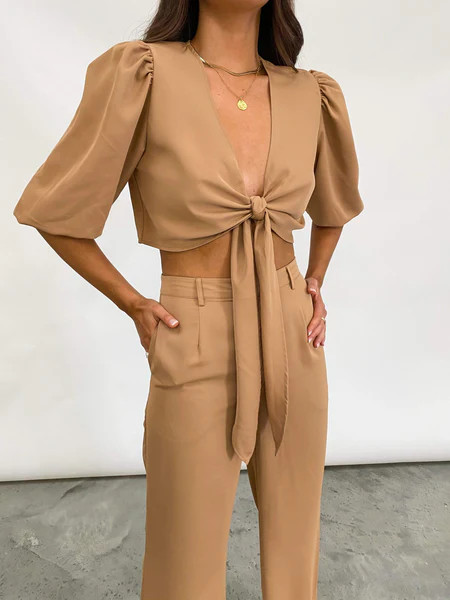 Jamie Tie Knot Blouse - Beige | Pretty Lavish (UK)